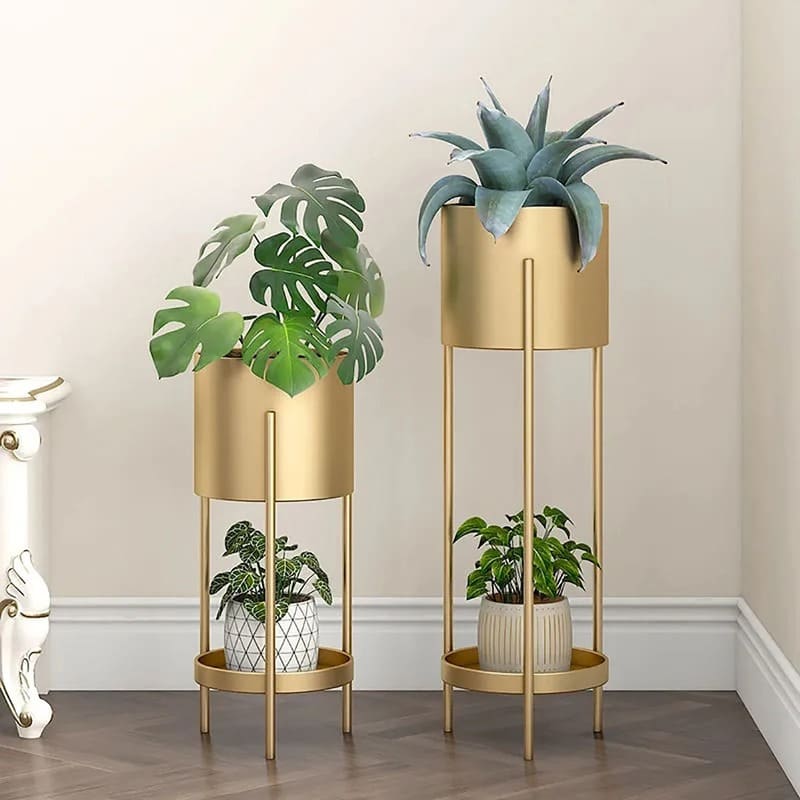 Porte Plante avec Cache-Pot Doré Métal