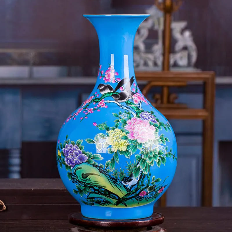 Vase Chinois Bleu Oiseaux Ancien