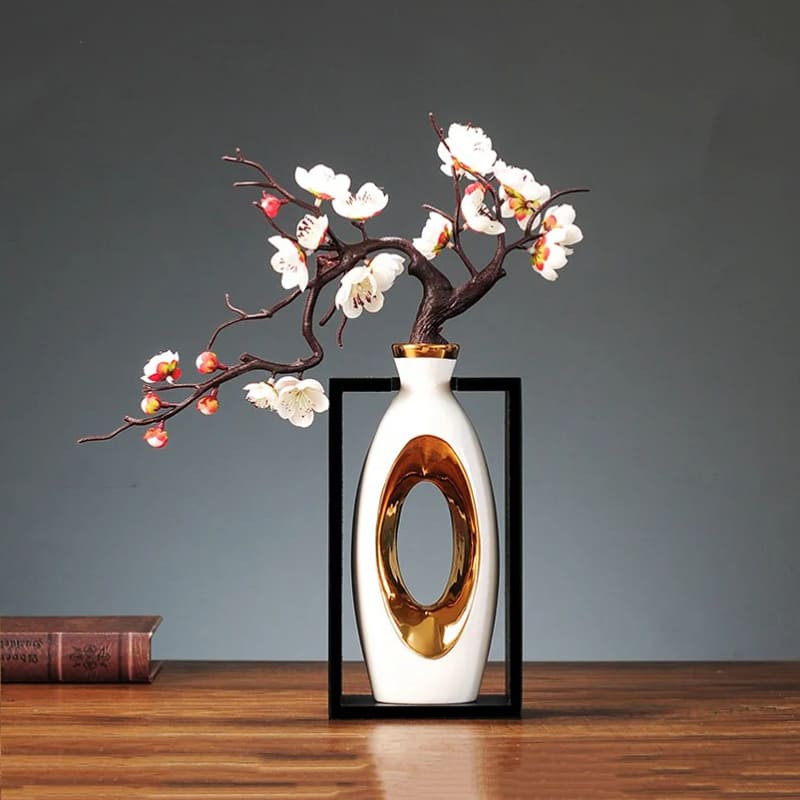 Vase Chinois Céramique 22.5cm Blanc Fleurs