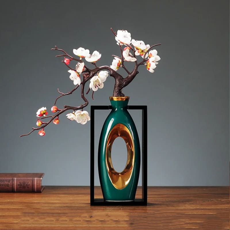 Vase Chinois Céramique 22.5cm Vert Fleurs