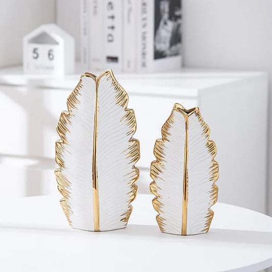 Vase en Forme de Feuille Blanc et Or