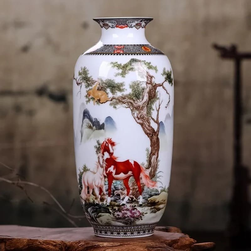 Vase Chinois Blanc Singe et Chevaux