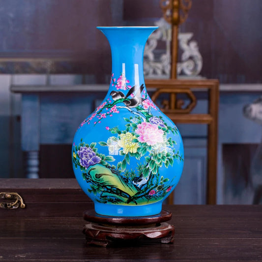 Vase Chinois Bleu Oiseaux Céramique