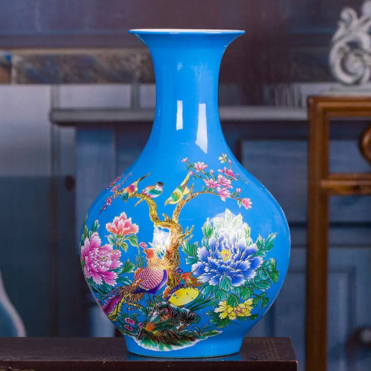 Vase Chinois Bleu Oiseaux Fleurs