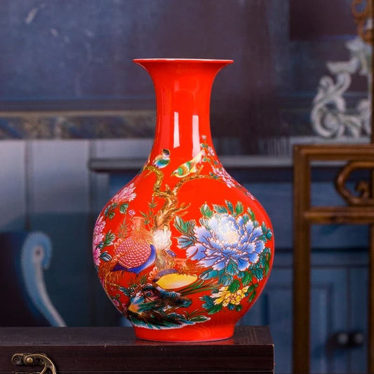 Vase Chinois Rouge Oiseaux